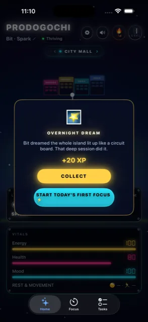 Prodogochi overnight dream report — a morning summary of yesterday's focus with a bonus XP reward