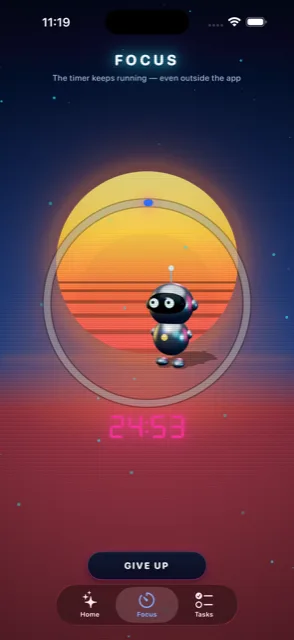 Prodogochi focus timer — companion inside a glowing sunset Pomodoro ring with time remaining