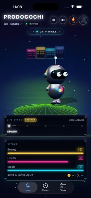 Prodogochi home screen — Bit, a Spark-stage companion, thriving in the City Mall habitat with energy, health, and mood vitals